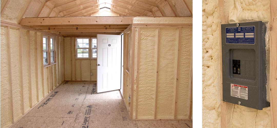 Storage shed with spray foam insulation.