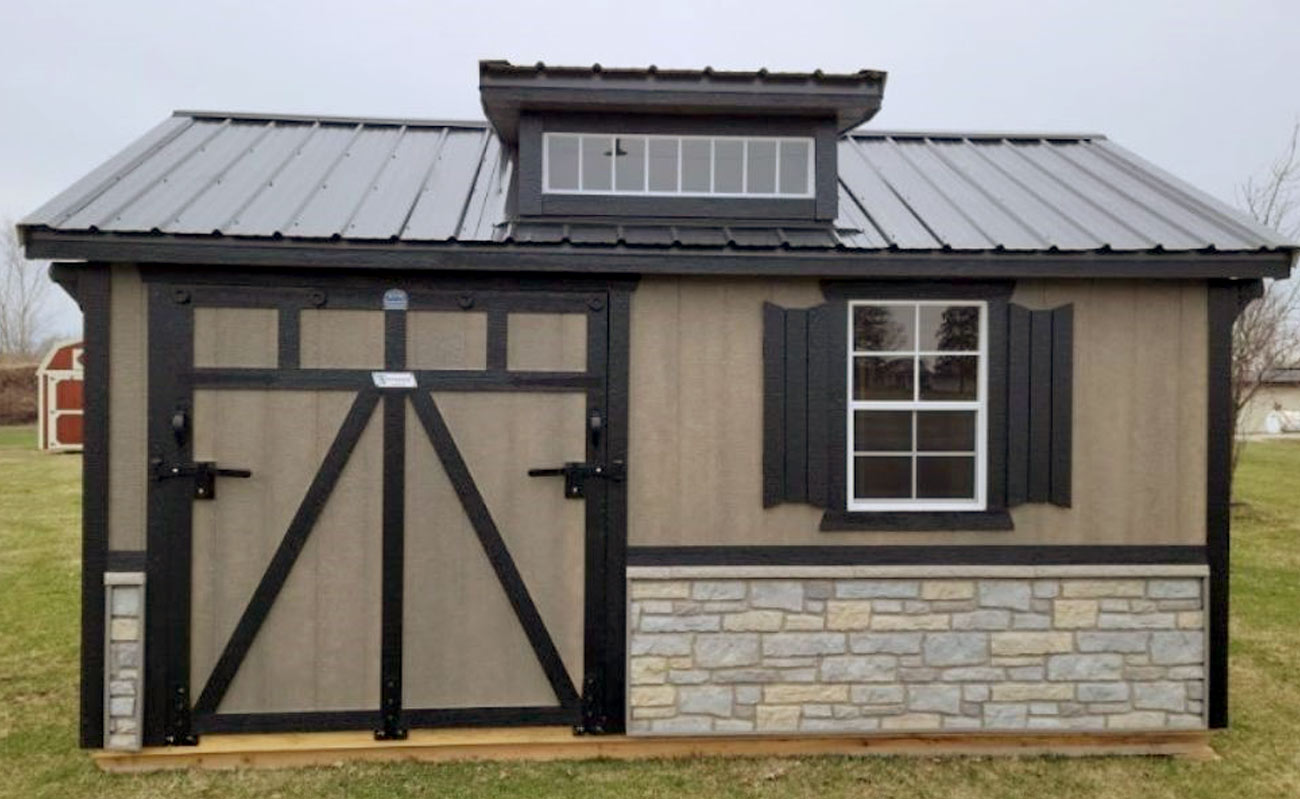 Storage shed with board and batten style.