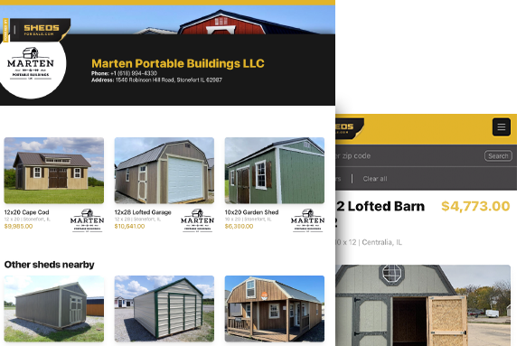 Dealer screenshot showing storage sheds on sheds for sale