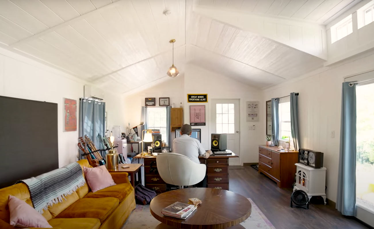 Interior of storage shed that has been turned into a home office.