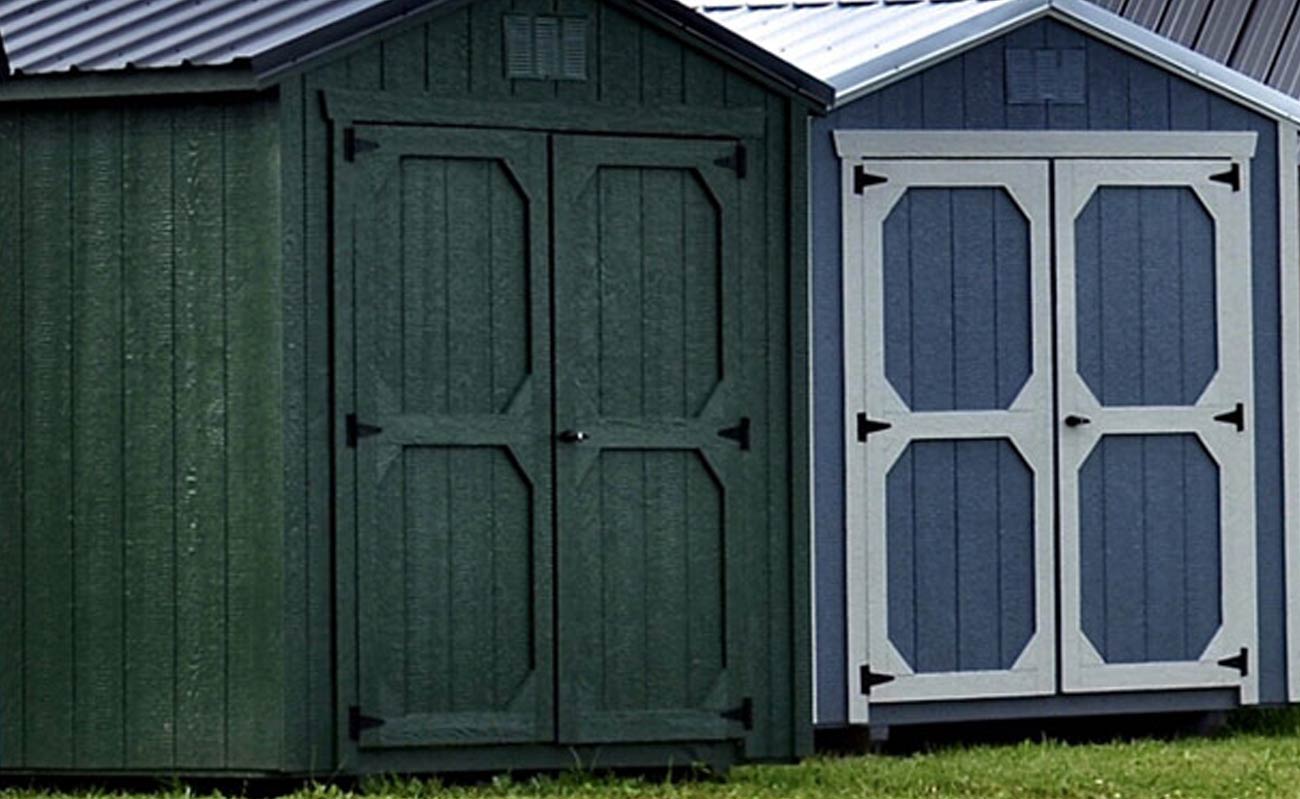 Green and blue storage shed