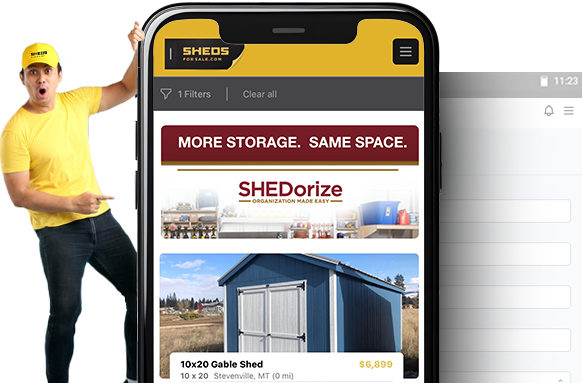 Sheds For Sale Man Standing Next to Mobile Phone with Ads